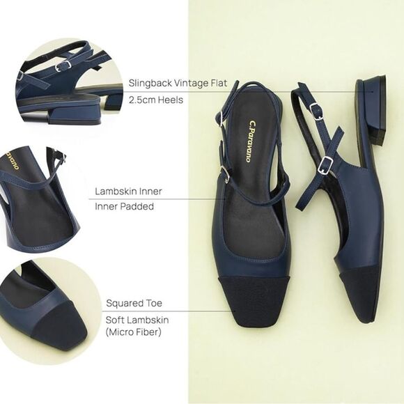 C.Paravano Navy Leather Square Toe Slingback Flats - Picture 4 of 9